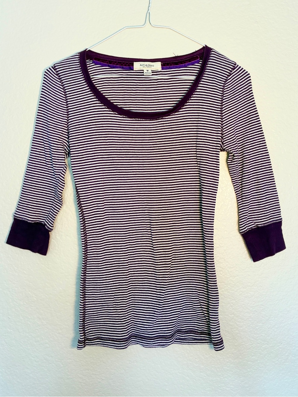 VTG Active Basic Purple and White Striped Scoop Neck 3/4 Sleeve Top Y2K 2000s